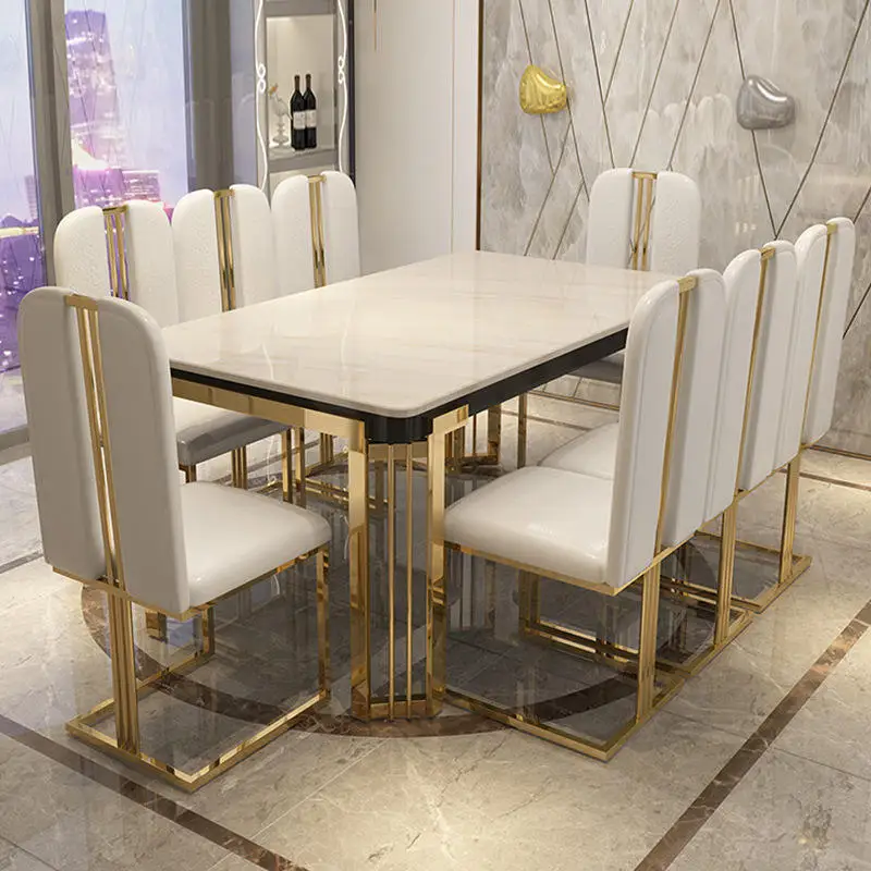 

#Modern 6-Seater Dining Set With Marble Top Stainless Steel Square Table Durable Design Simple Chair For Home Furniture