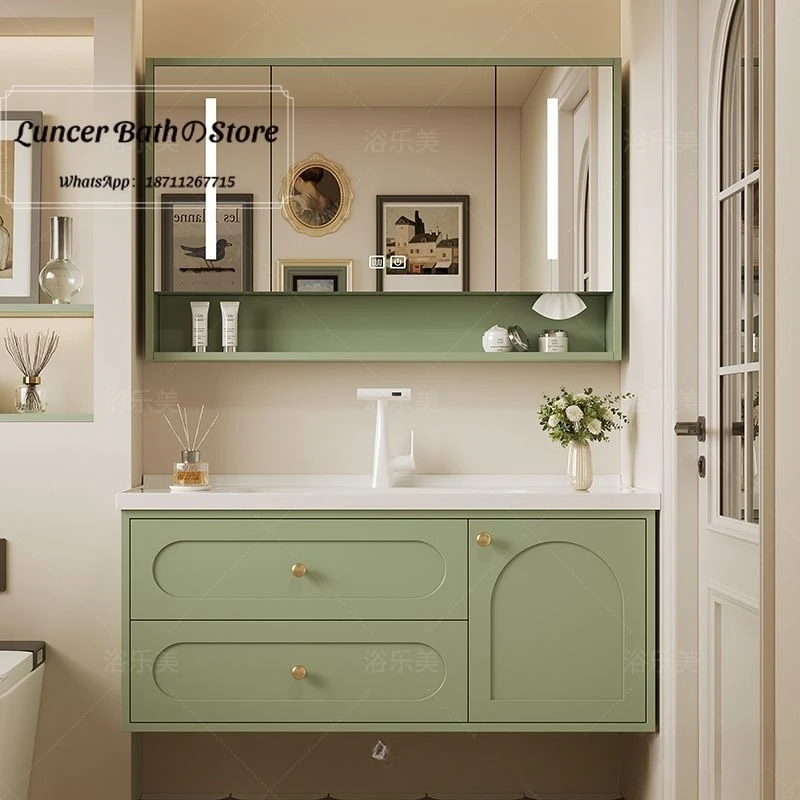 Modern oak minimalist bathroom vanity set with smart rock slab seamless basin