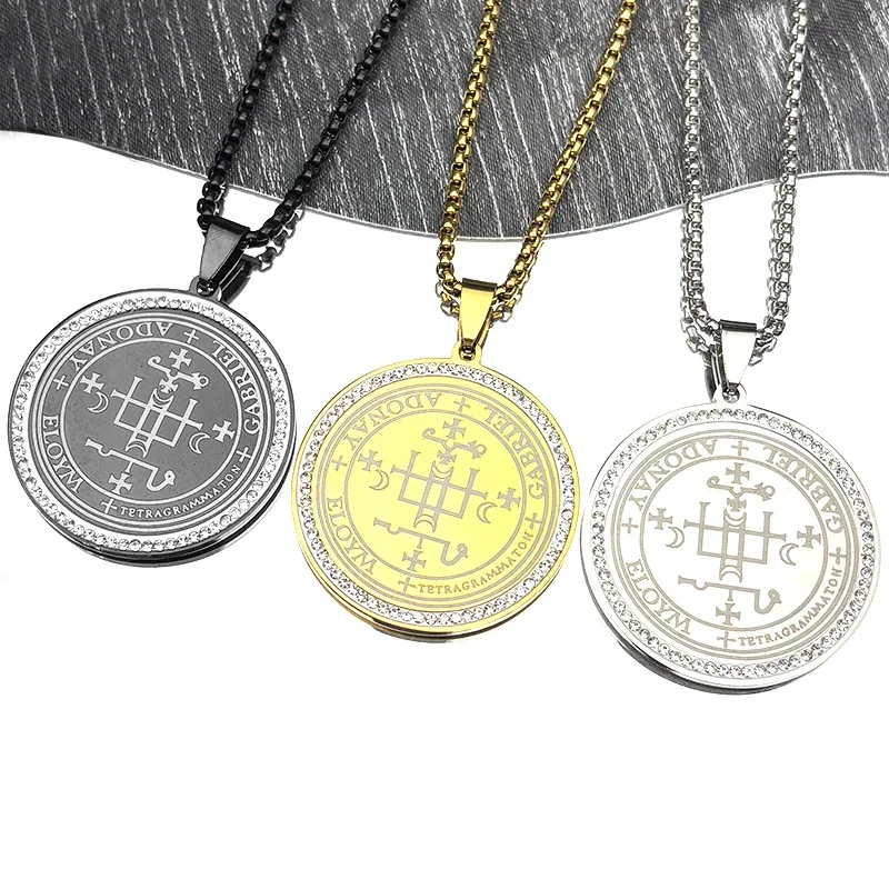 Seven Archangels GABRIEL Seal Solomon Amulet Sigil of Angelic Necklace Stainless Steel Gold Color Rhinestones Chain Jewelry Gift