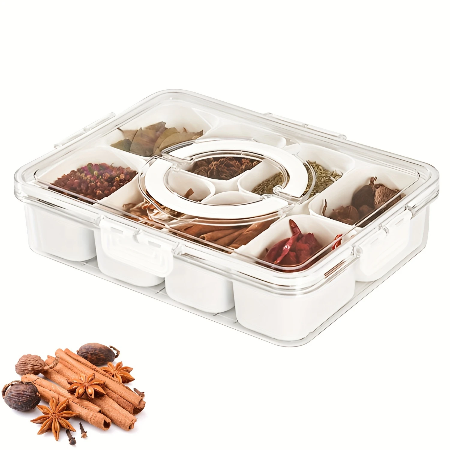 

Divided Serving Tray with Lid and Handle Snackle Box Charcuterie Container Portable Snack Platters Organizer Rotating organizer