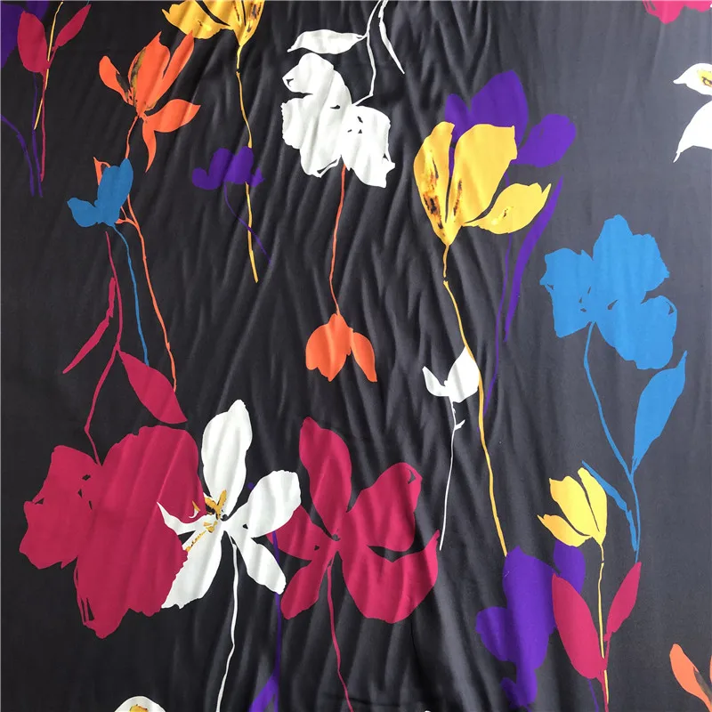 1 meter 100% Mulberry Silk 19 momme Twill Silk Fabric Black Floral Printed 135cm 53