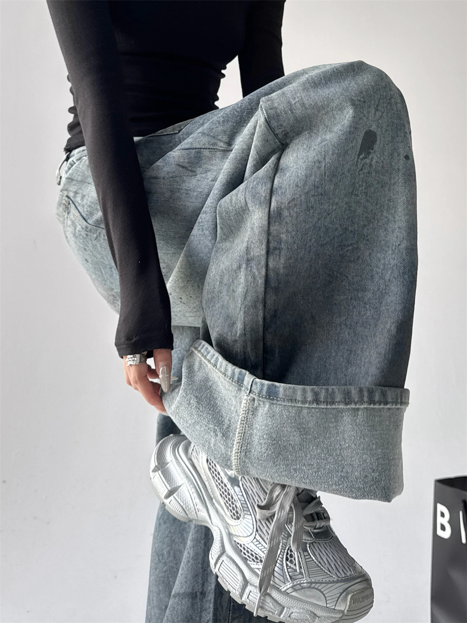 Women's Oversized Wide Leg Washed Distressed Denim Jeans Chain Baggy Loose Vintage Streetwear Casual Ladies Pants