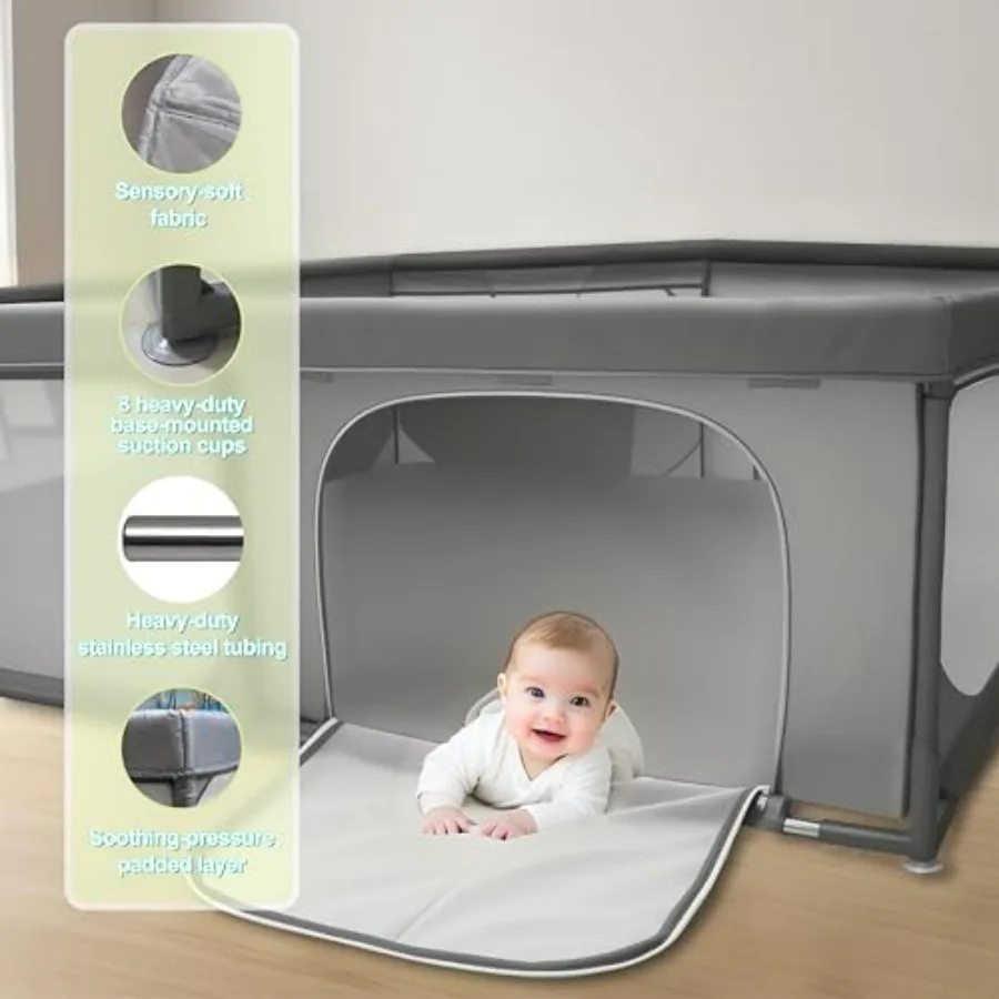 Extra Large 79x79 Baby Playpen for Toddlers and Infants with Dual Zipper Doors Dual Storage Mesh Pockets Fully Transparent Side