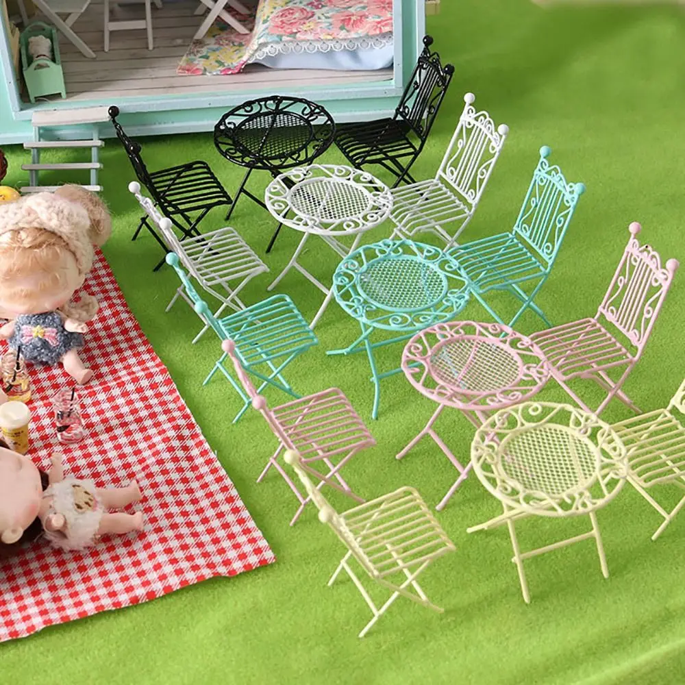 European Style Miniature Metal White Table Chair For 1/12 Dolls House Room Fairy Garden Seat Dolls Playing House Furniture