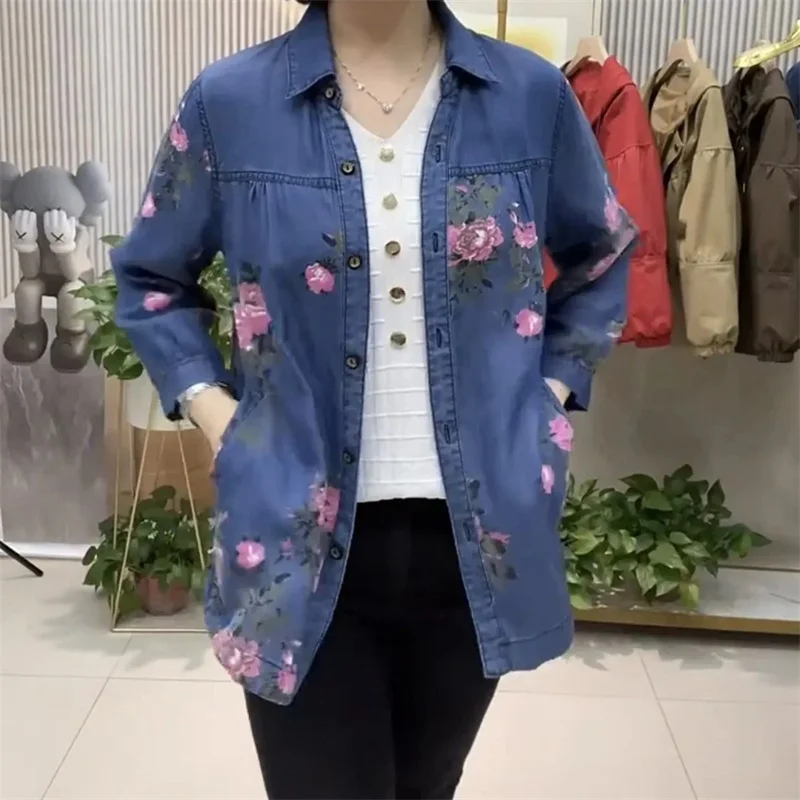 

Flower Denim Cardigan Short Coat Women New Cowboy Shirt Jacket Spring Autumn 2024 Simple Versatile Light Thin Outwear Female Top