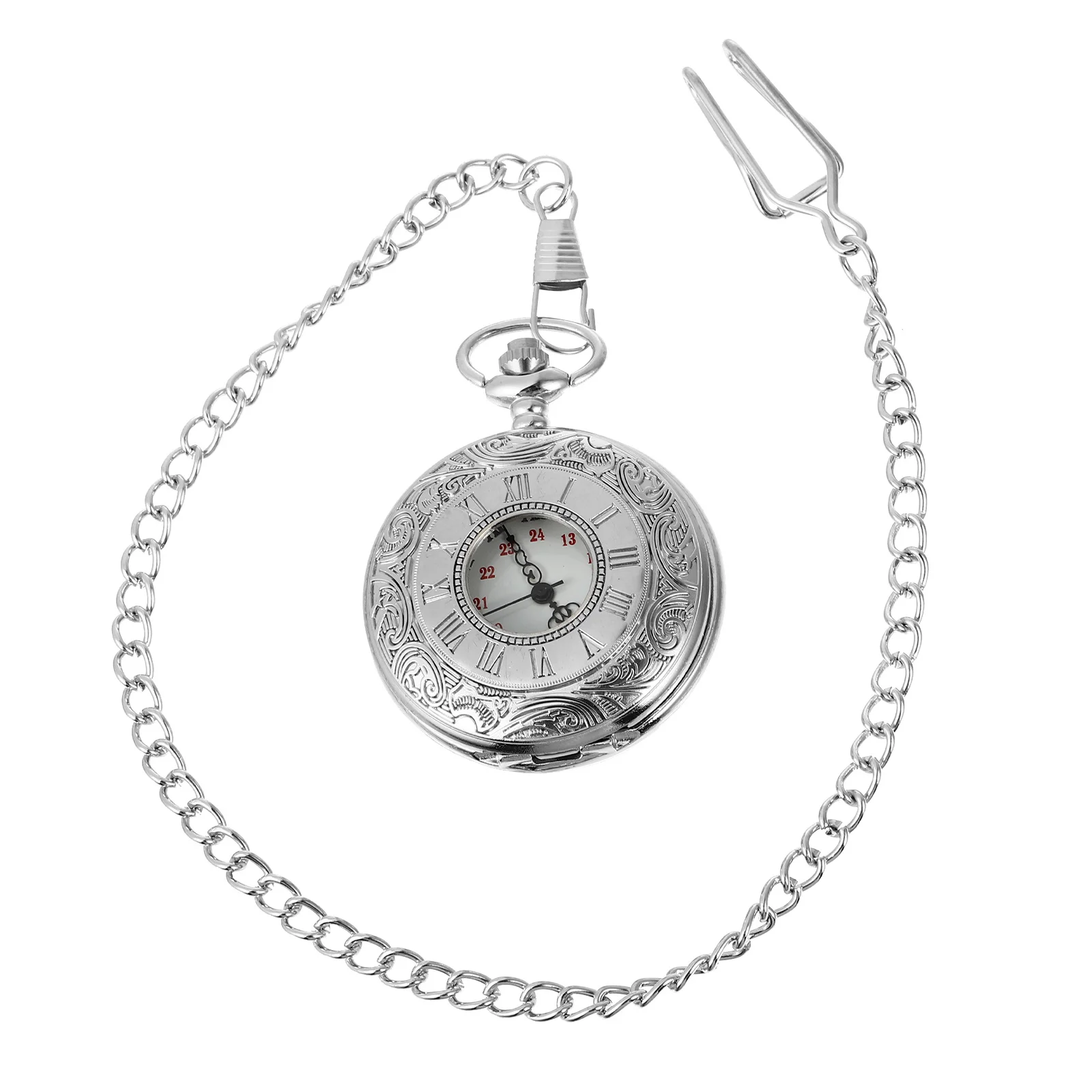 

Classic Roman Numerals Pocket Watch Vintage Style Engraved Front Fashion Accessory Birthday Gift Men Women Quartz Chain Necklace