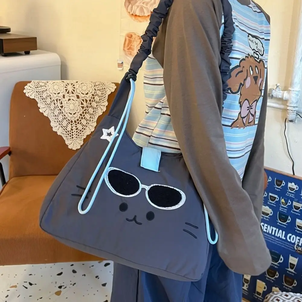 

New Design Y2k Kitty Embroidery Bag Korean Style Large Capacity Nylon Lightweight Bag Pleated Drawstring Crossbody Shoulder Bag