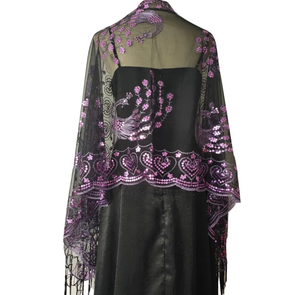Elegant Sequin Shawl Peacock Embroidery Tassel Wrap Women Evening Party Dress Accessory Wedding Formal Scarf Cape