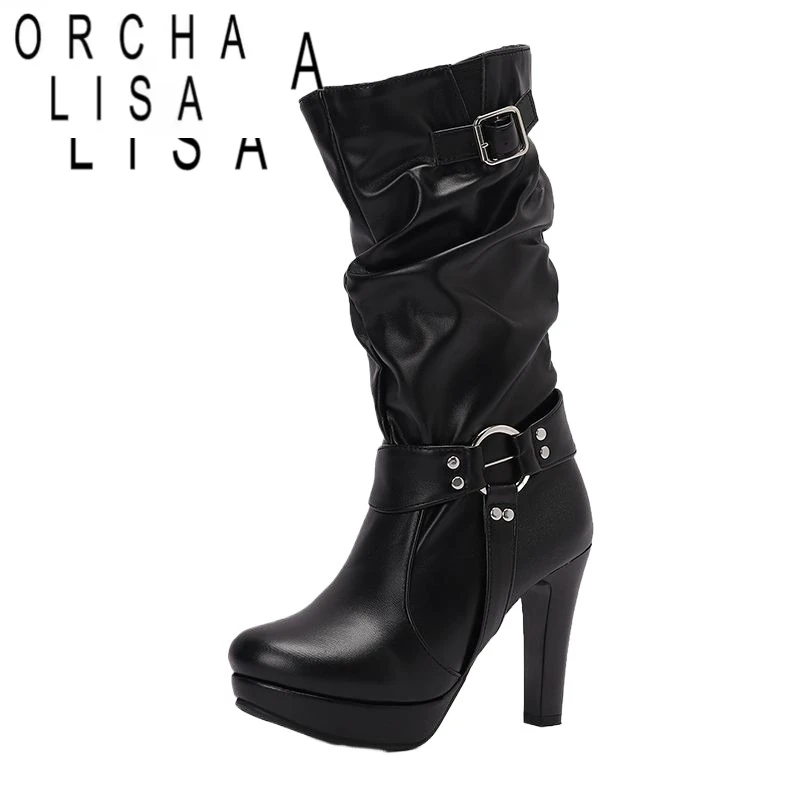 

ORCHA LISA/Женские сапоги до середины икры для взрослых, плиссированные, с круглым носком, на высоком каблуке 10 см, на платформе 2,5 см, украшение, размер 42 43