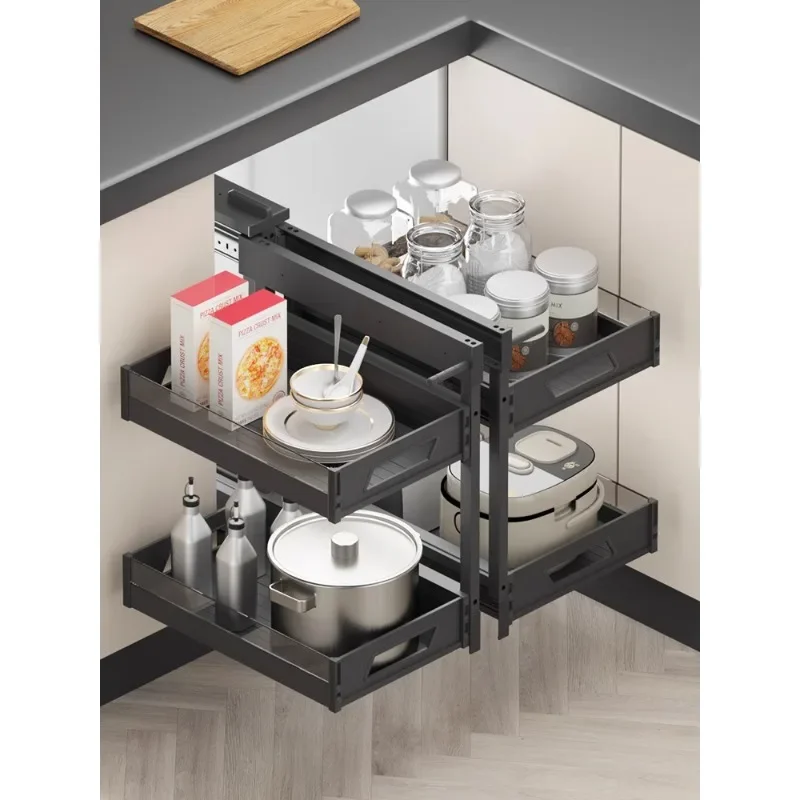 Corner pull basket kitchen cabinet storage rack rack corner aluminum rotating little monster all pulled out