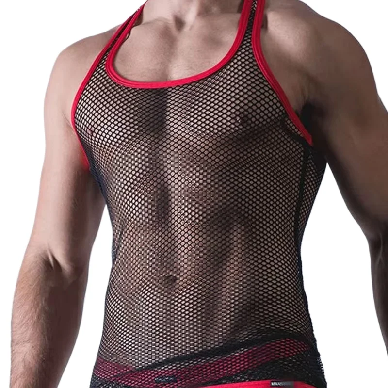 Mens Sexy Tank Top Transparent Mesh Undershirt Fishnet Vest String Sleeveless Shirts Male See Through Night Clubwear Slim Sport