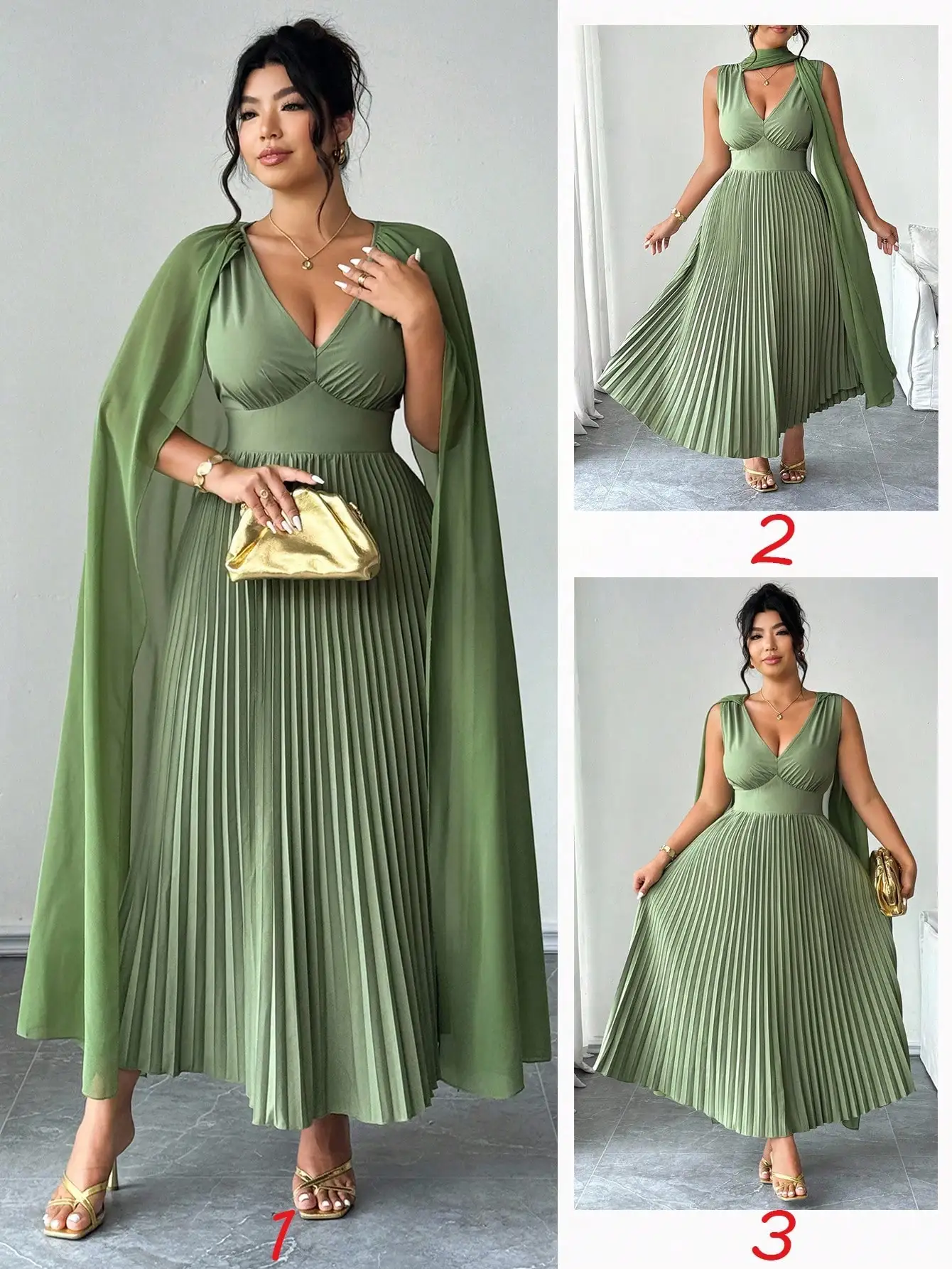 

Plus Size V-Neck Chiffon Pleated A-Line Dress With Cloak Sleeve For Casual Elegant Outings