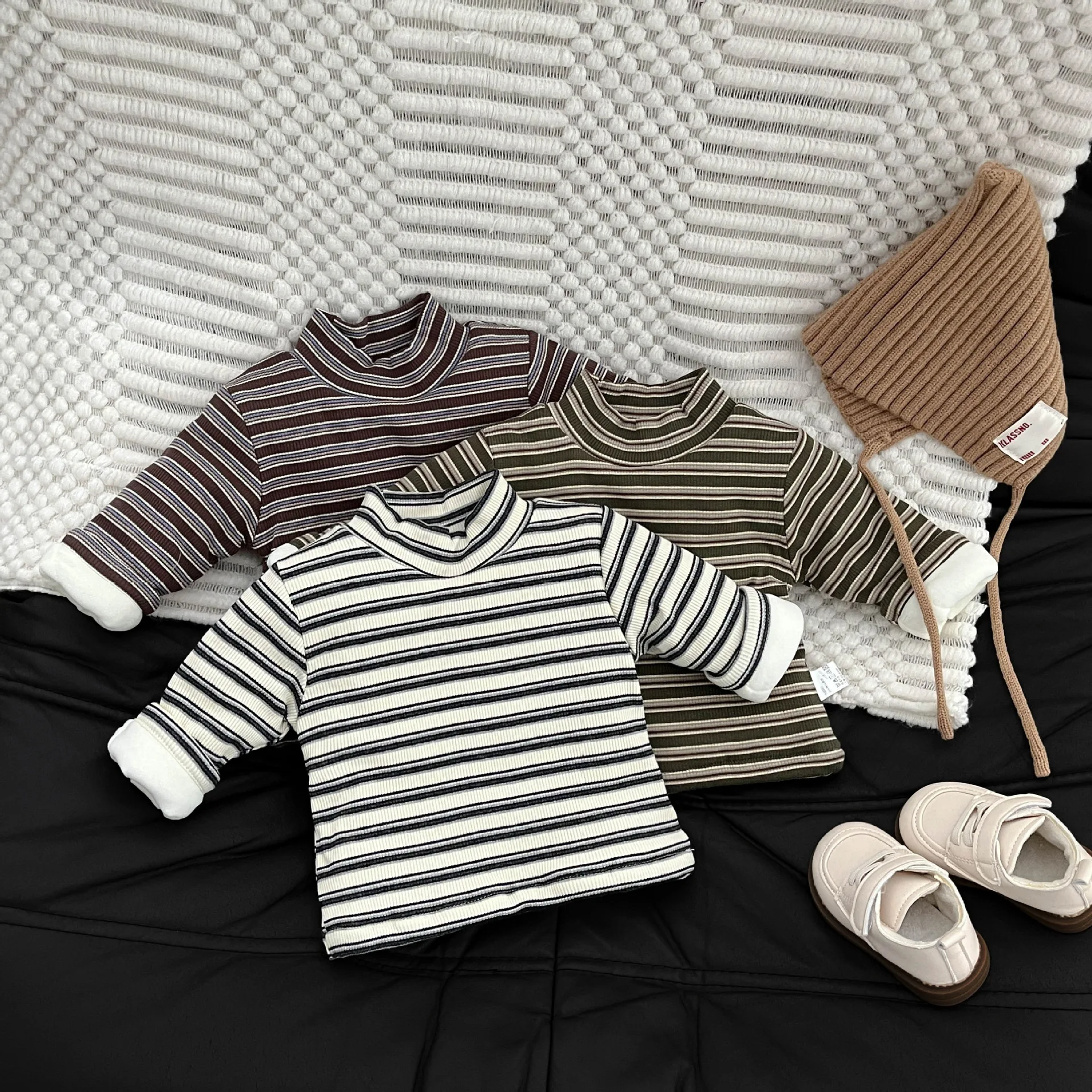 بلوزة أطفال للخريف والشتاء مع قاعدة مخملية مضافة وقطن، طبقة داخلية أنيقة مخططة وسميكة وأكمام طويلة #2