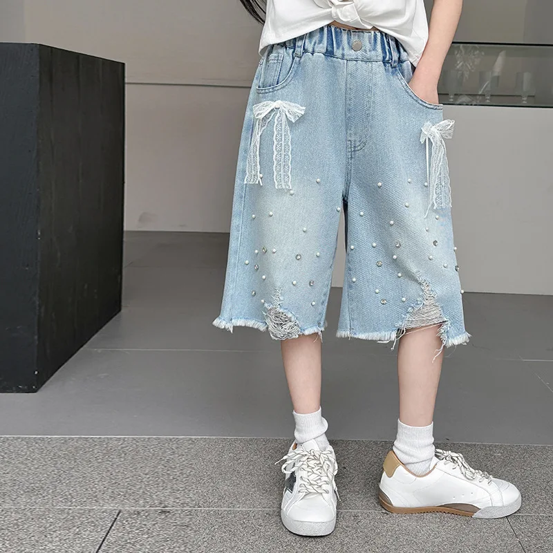 Summer Girls Lace Bow Denim Shorts Korean Fashion Teenage Ripped Hole Shorts Children's Clothing 4-14 Years