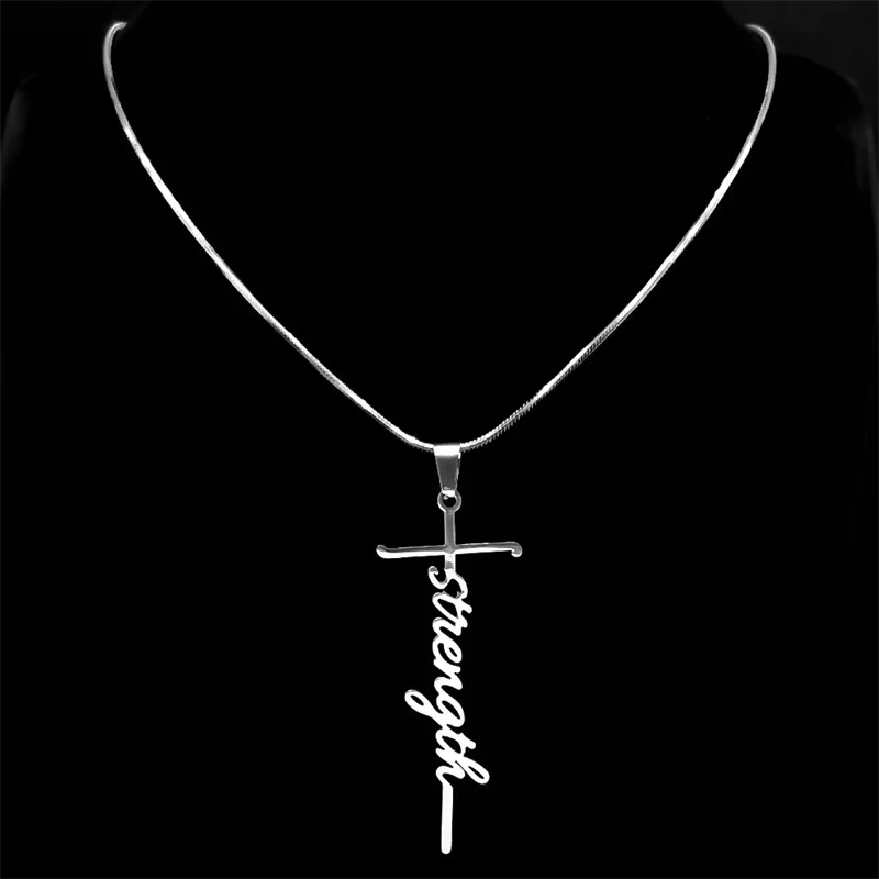 Hip Hop Strength Word Jesus Cross Necklace for Women Men Stainless Steel Silver Color Inspirational Chain Jewelry collar NZZZ115