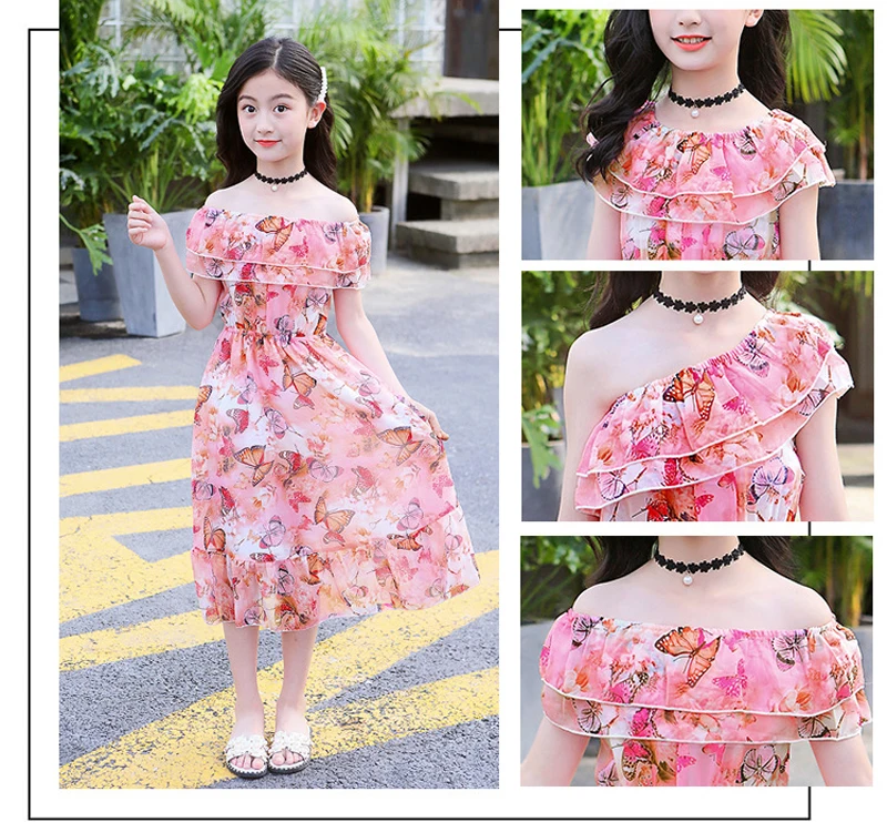 2023 summer Kids baby Girls Long Dress Flower Chiffon Bohemian Beach lace thin Princess mesh 5 7 9 10 11 12 14 15 years teens