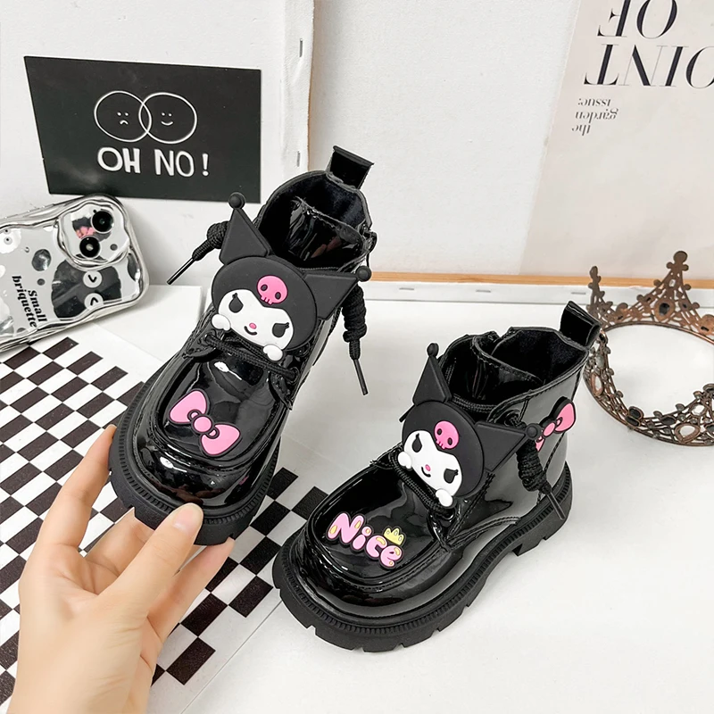 Cute Kuromi Girls Shoes Sanrio Kawaii Anime Children Ankle Boots Winter Sweet Cartoon Martin Boots Lovely Leather Boots Kid Gift