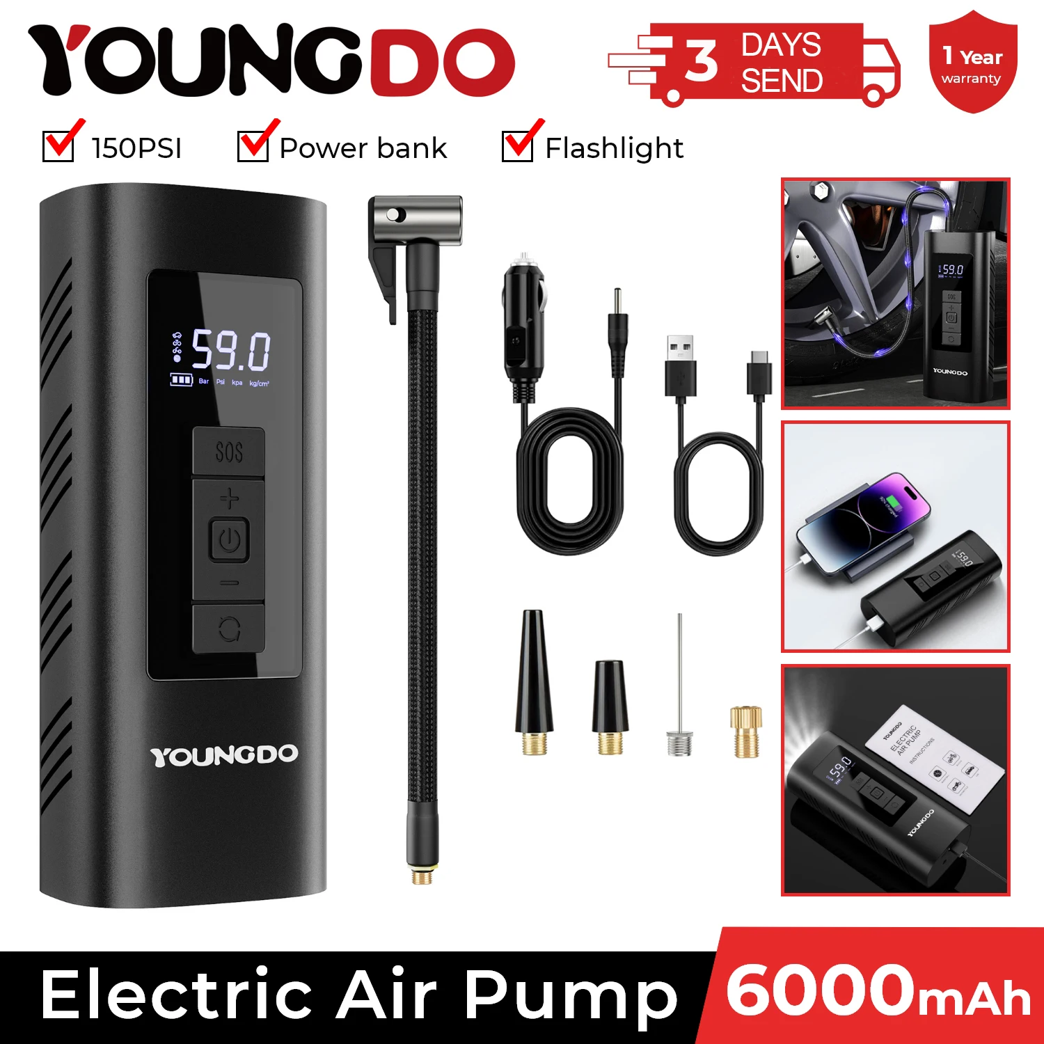 Youthdo compressor de ar portátil para carro, inflador de pneus, 150 psi e 6000mah, bomba inflável digital inteligente para carro, bicicleta, barco,