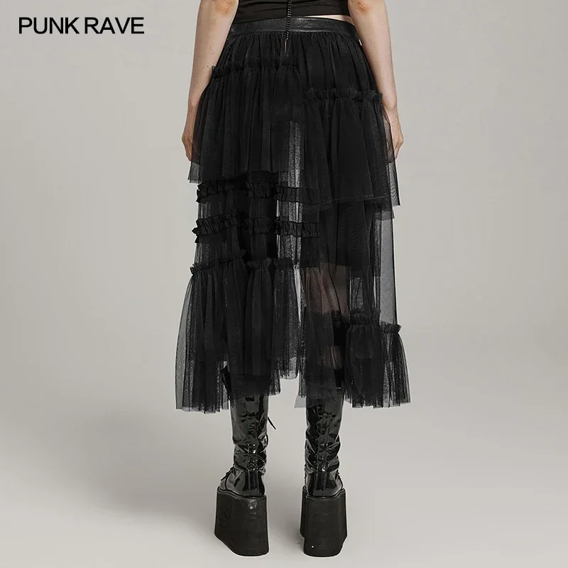 PUNK RAVE Women's Sweet Cool Rich Layers Asymmetrical Mesh Skirt Punk Crackled Belt Decoration 3 Colors Available Women Clothes