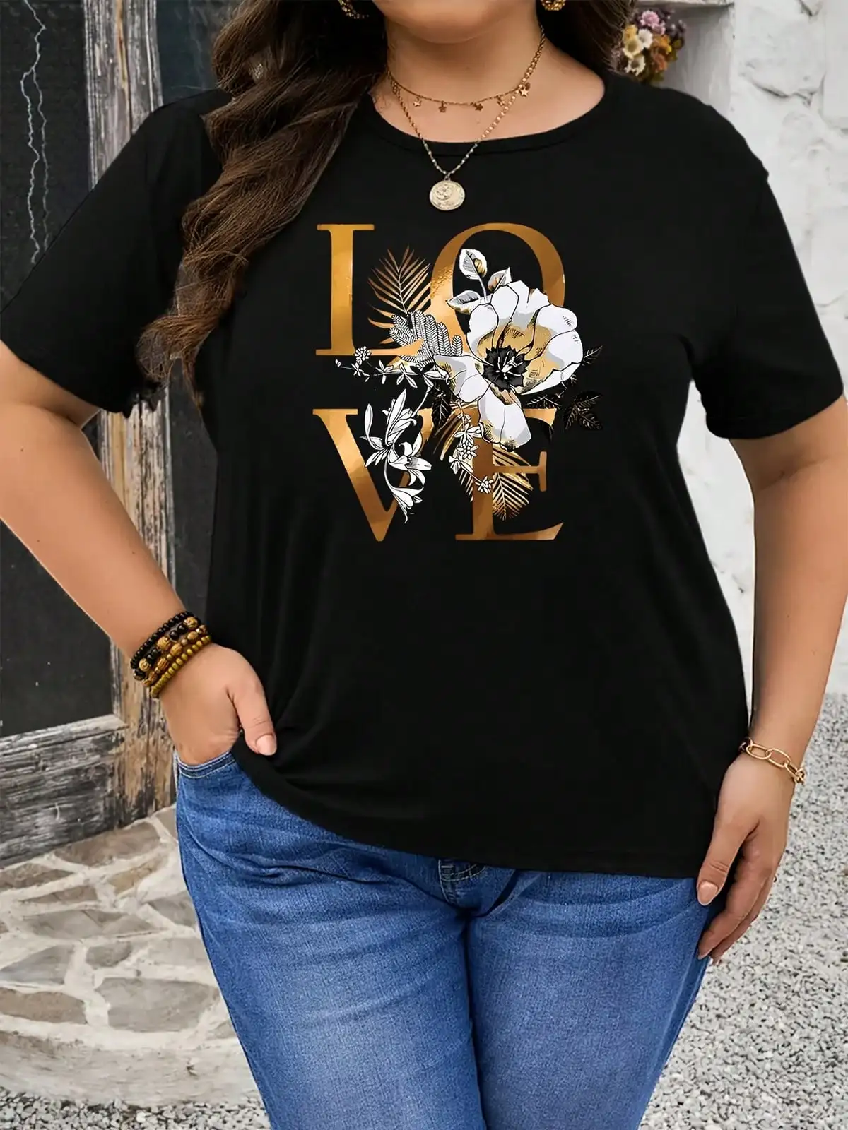 Plus Size, Love Flower Leaf Print Women's T-Shirt,Cute Funny Graphic Tee For Women,  Casual Summer Tops Streetwear Outfits
