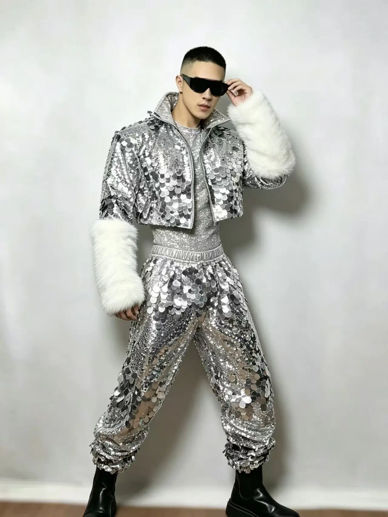 Unisex Futuristic Y2K Silver Jacket, New Jazz Dance Stage Costume, Nightclub Bar GOGO Singer DS Boy Group Performance Outfit