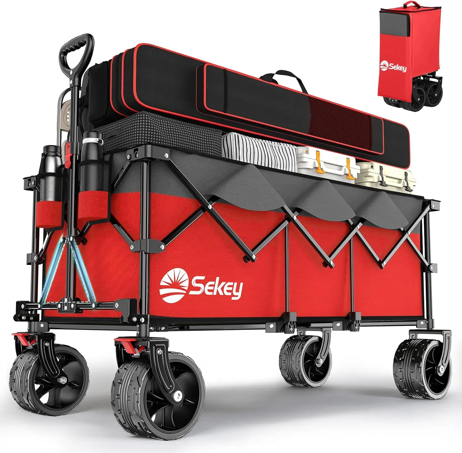 Sekey 48''L Collapsible Foldable Extended Wagon with 440lbs Weight Capacity, Heavy Duty 300L Folding Utility Garden Cart with Bi