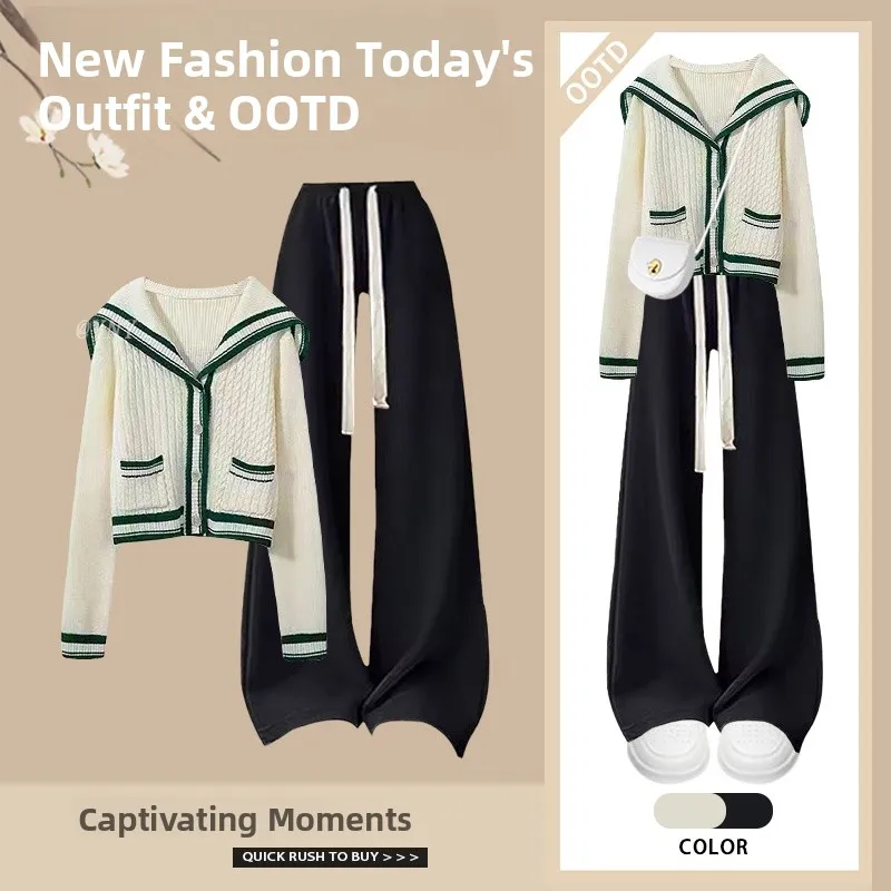 Spring Autumn Korean Style Women's Knitted Sweater And Slimming Casual Pants Two-Piece Set Fashionable Ensemble for Younger Look