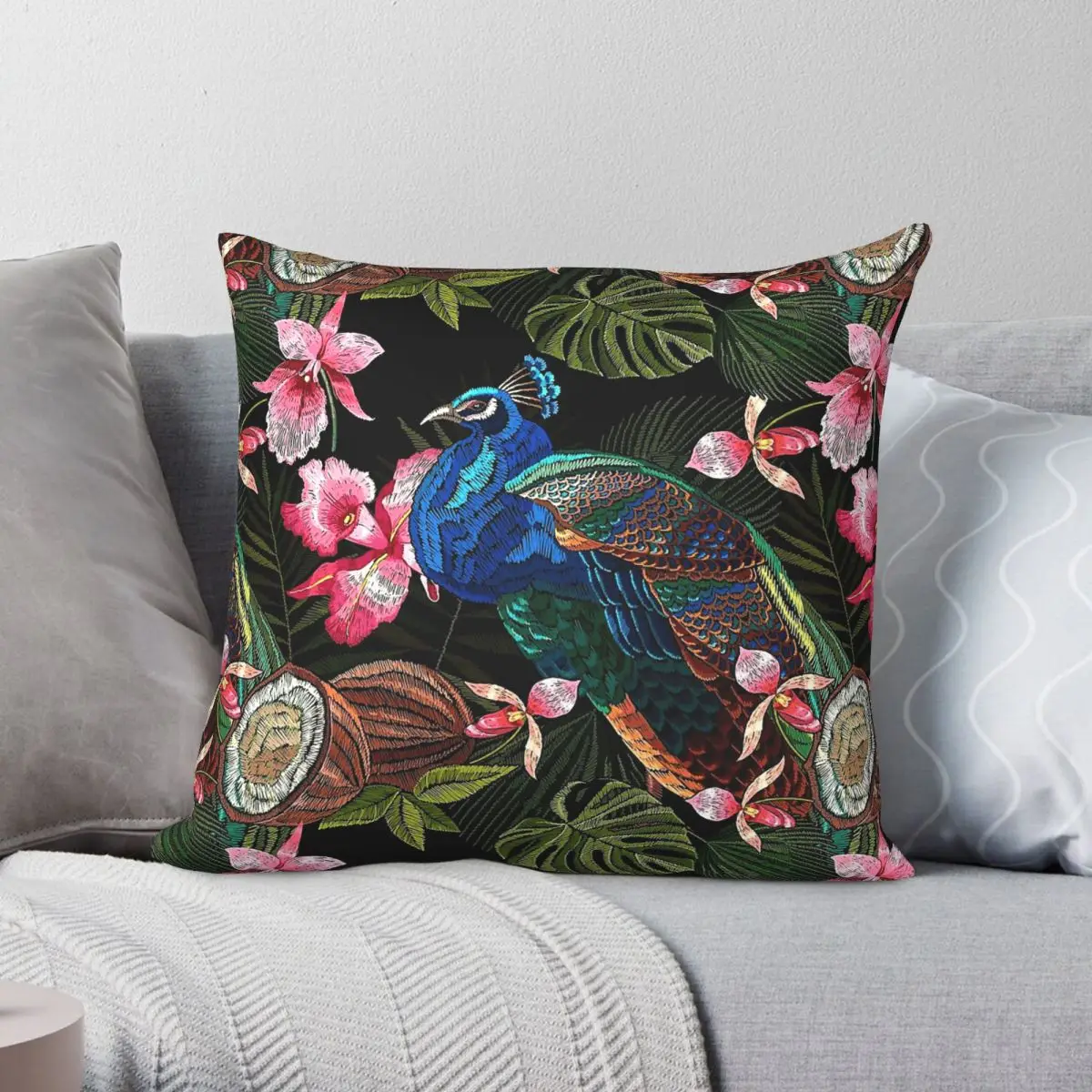 Peacocks And Orchid Flowers Pillowcase Polyester Linen Velvet Pattern Zip Decorative Pillow Case Car Cushion Cover
