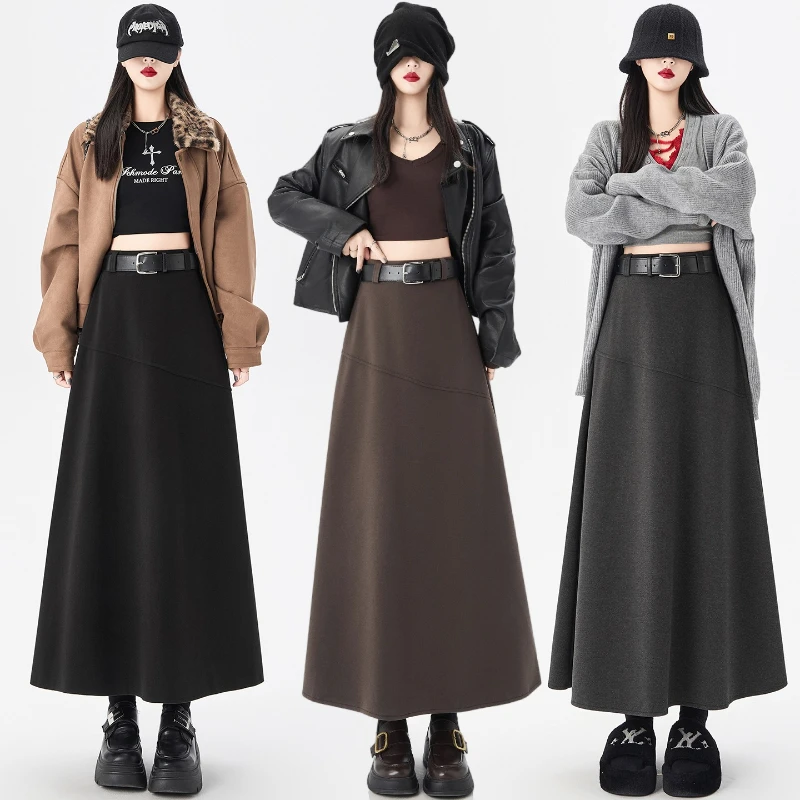 

High Quality Woolen Skirt for Women Autumn Winter 2025 Chic Mid-length Skirt with Belt Office Ladies Thick A-line Long Skirt