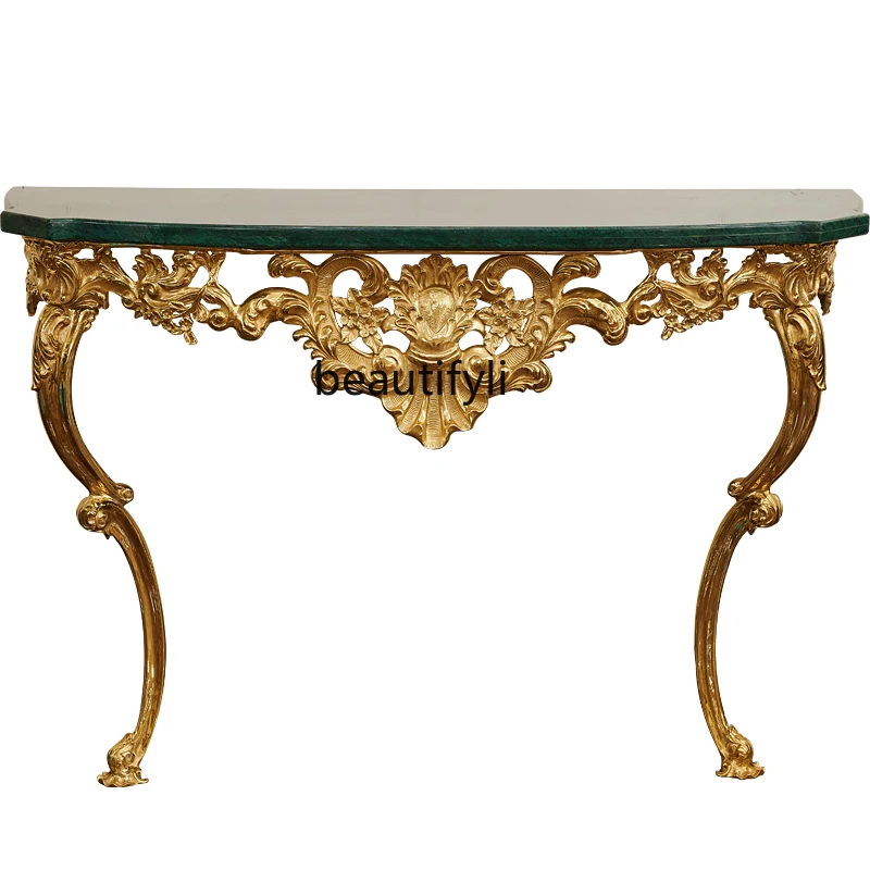 French Luxury High-End Retro Big Green Flower Marble Top All Copper Carved European Console