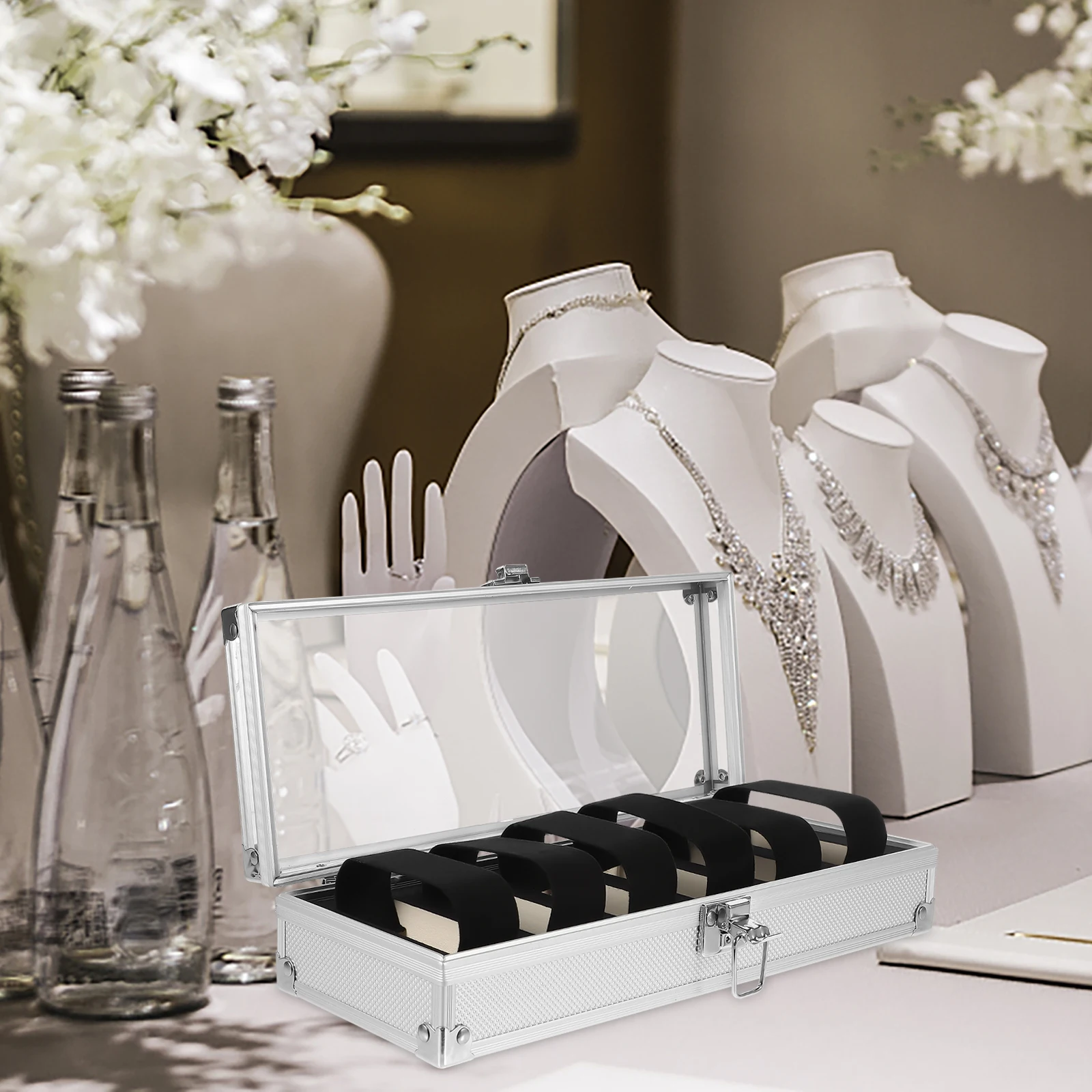 

6 Slots Watch Storage Box Jewelry Organizer Portable Display Case for Watches with Transparent Window Alloy Holder