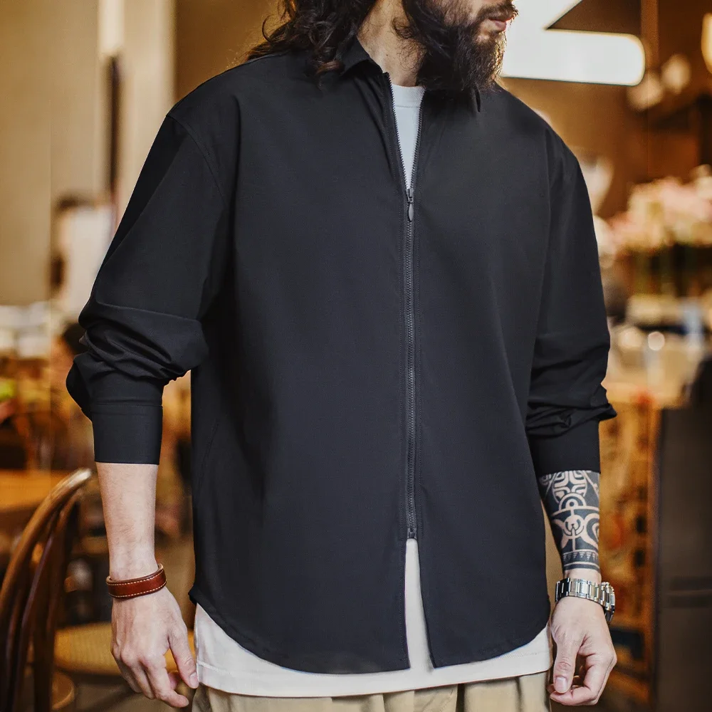 Maden Casual Draped Long Sleeve Shirt Men's Spring and Summer Breathable Cleanfit Cool Comfort Zip-Up Blouse Lightweight Top