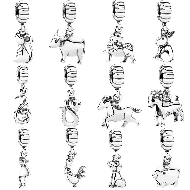الصينية 12 زودياك الحيوان خرز تميمة استرخى الأفعى صالح الأصلي الفضة سوار خرز قلادة Diy بها بنفسك مجوهرات النساء هدية