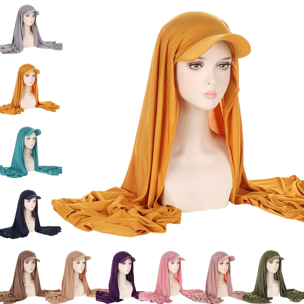 Musilm Hijab para mujer con gorra de bola Base, sombrero de verano para mujer con Hijabs lisos, gorro de ala listo para usar, turbante instantáneo, Hijabs Ramadán