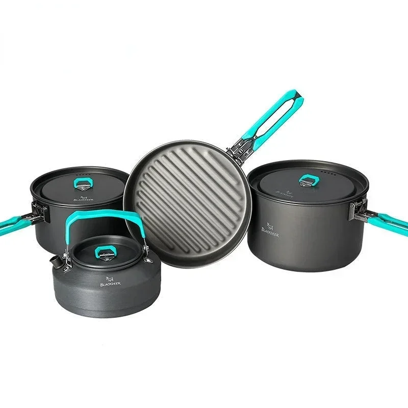 

2 Pot 1 Frypan 1 Kettle Outdoor Camping Tableware Set, Folding Cooking Set, Backpacking, Picnic, , Alumina Durable Cookware