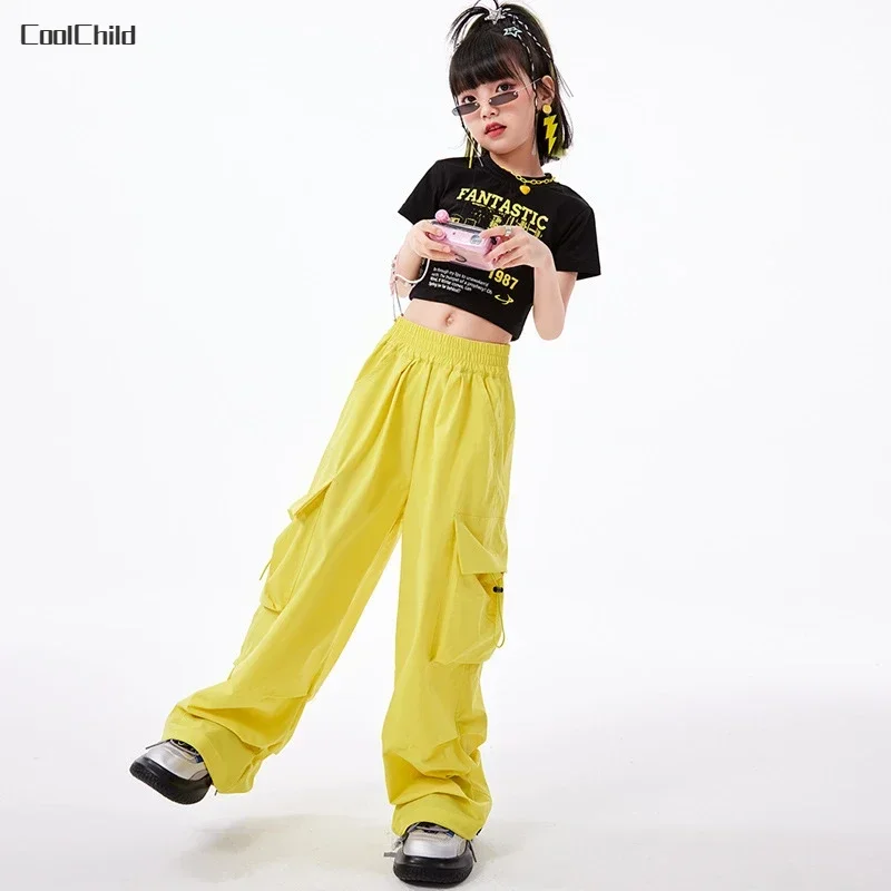 Boys Hip Hop Retro Loose Print T-shirt Street Dance Cargo Pants Girls Short Sleeve Crop Top Child Clothes Sets Kids Jazz Costume