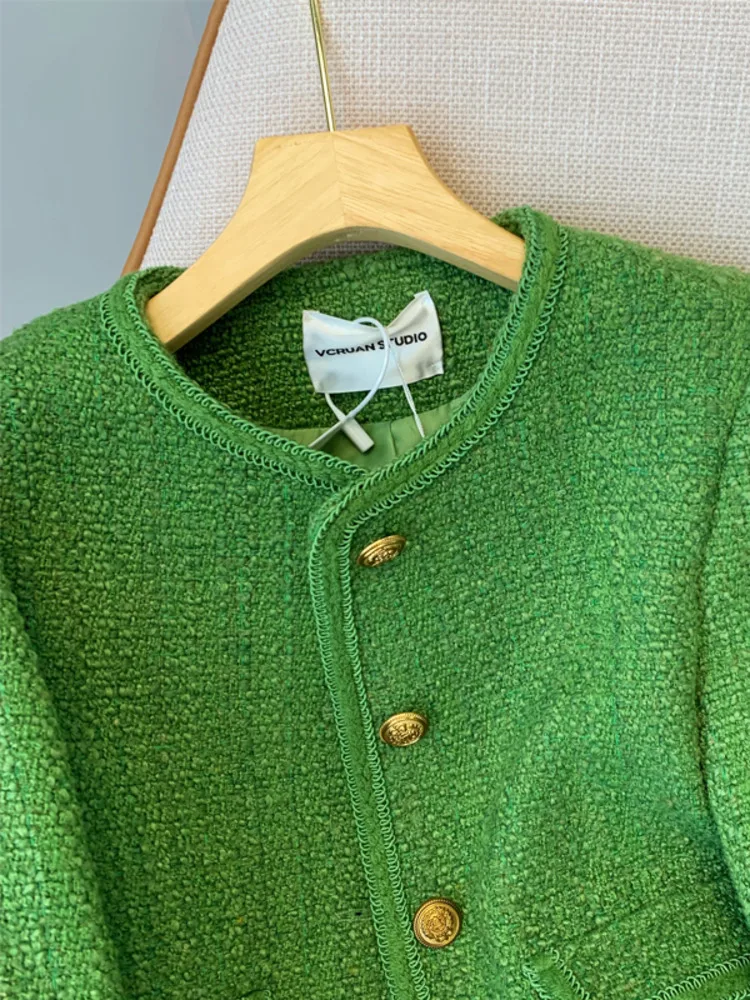 Korean Fashion Small Fragrance Tweed Jacket Women Elegant Green Round Neck Short Coat Autumn Single Breasted Office Lady Outwear