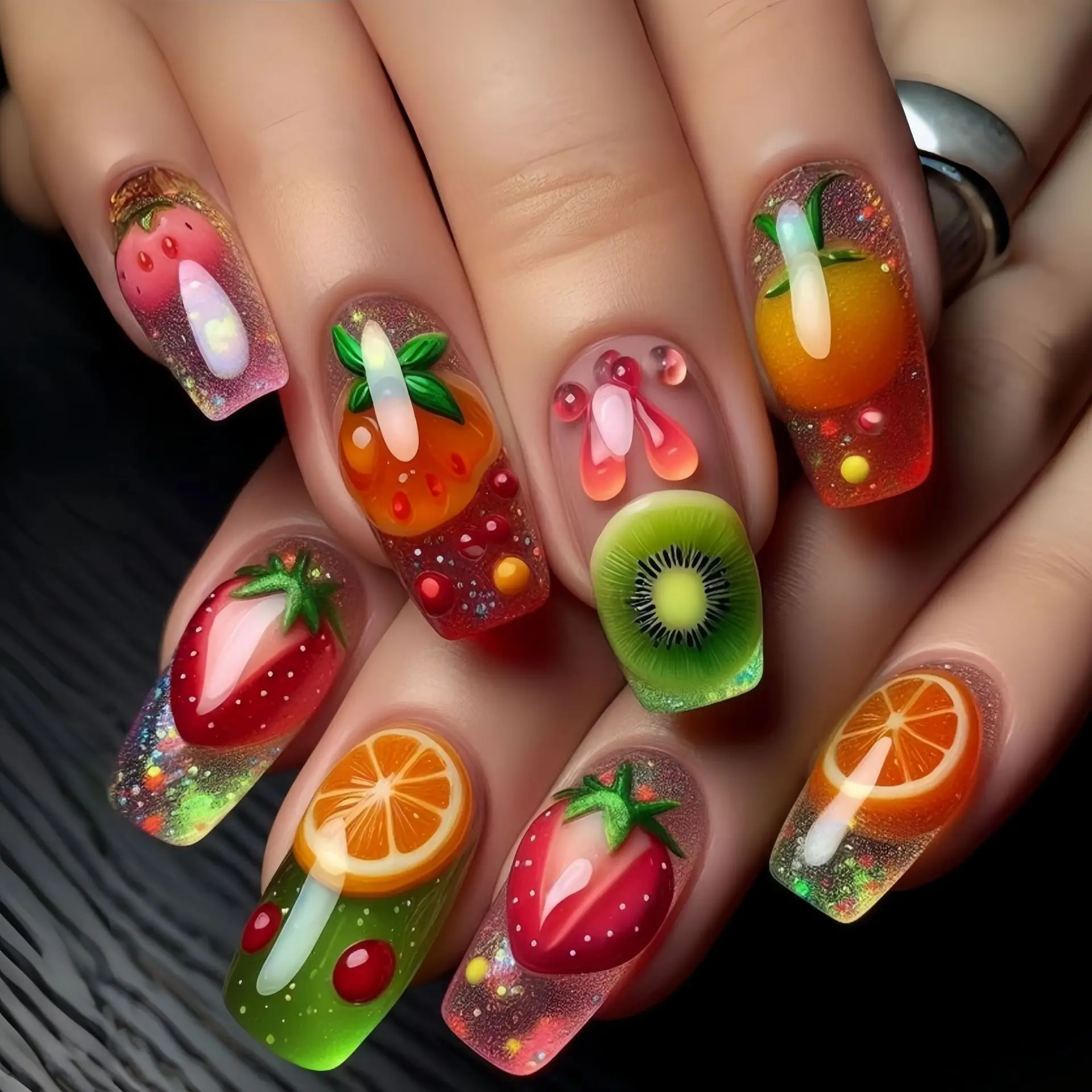 Mittellange künstliche Nägel für Frauen und Mädchen, Farbverlauf, Rotweinglas, bunte Früchte, vollständige Abdeckung, Ballett-Nagelspitzen, zum Aufdrücken falscher Nägel