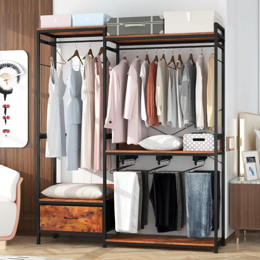 Clothes Rack with Drawers,Heavy Duty Garment Rack with 3 Pants Hangers and 2 Hanging Rod,Industrial Clothing Rack for Hanging Cl