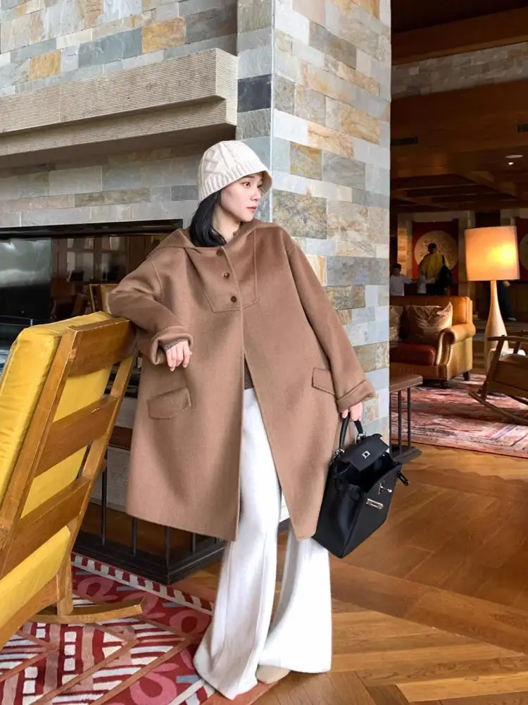 

Осень-зима 2022, высококачественные двусторонние кашемировые шерстяные куртки, женские свободные шерстяные пальто средней длины с широким капюшоном