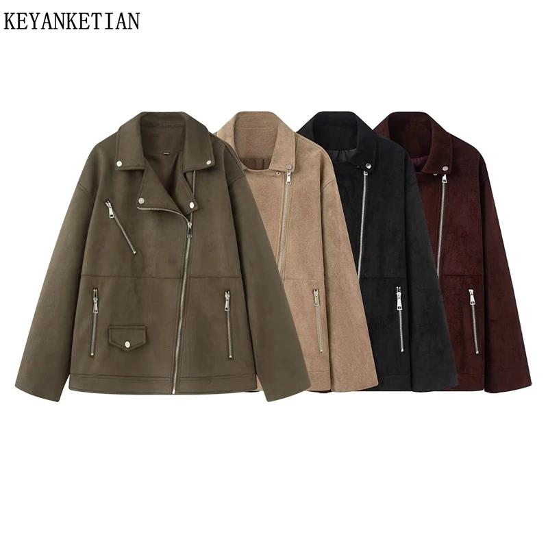 KEYANKETIAN Autumn and winter new women's clothing lapel metal buckle decoration diagonal zipper suede motorcycle jacket women