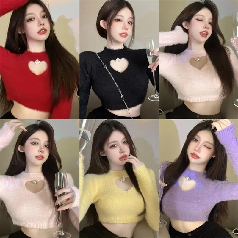 2022 Autumn Winter New Sweater Women\'s O Neck Diamond-Studded Hollow Love Long Sleeve Slim Short Crop Top