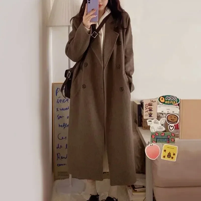 Autumn Winter Women Thick Long Coats Double-breasted Elegant Jackets Fashion Streetwear Solid Color Female Vintage Outerwear