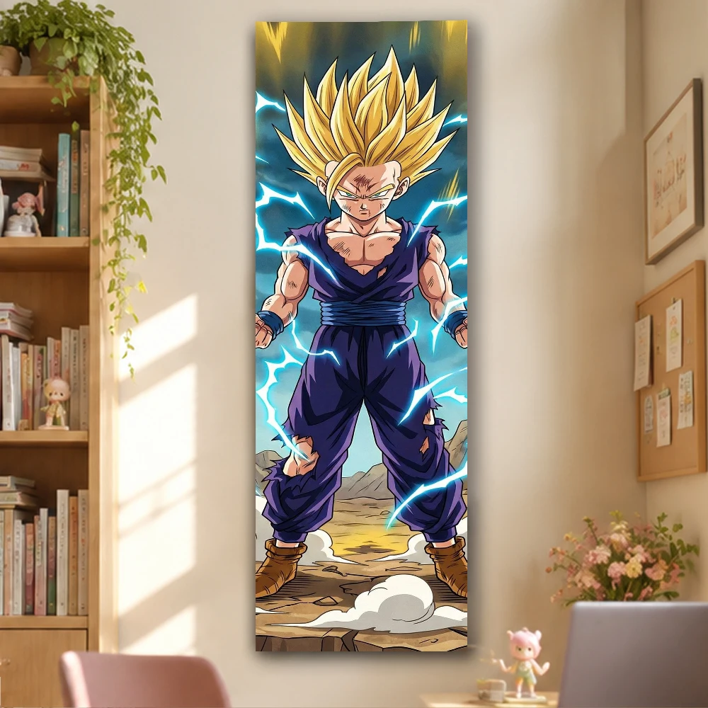 Tapestry Vertical de Anime de Super Saiyan Teen Gohan con Cabello Dorado, Atuendo Morado Desgarrado y Fondo de Terreno Desértico con Rayos Azules