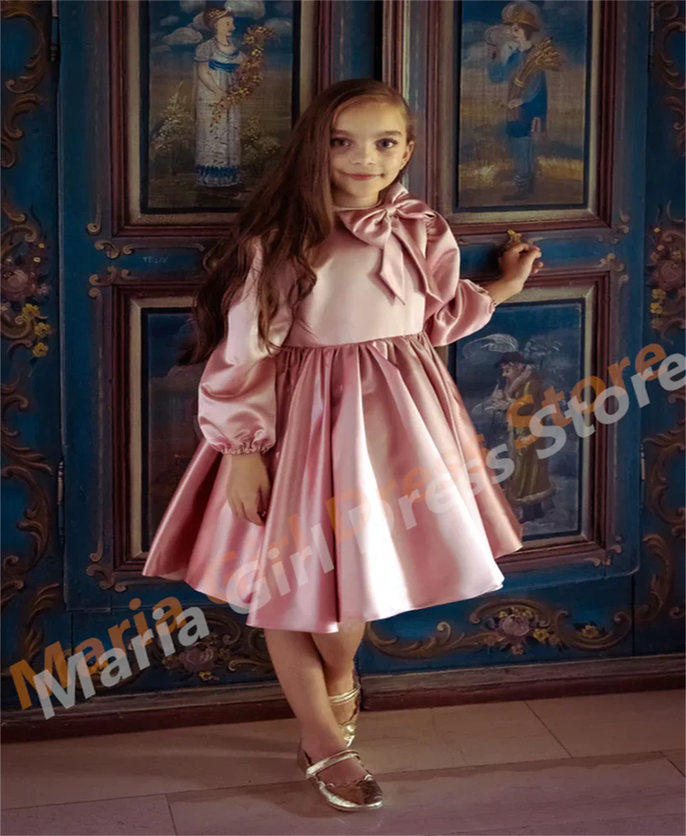 Pink Elegant Bow 2026 Satin Girl's Dress Knee-Length Long Sleeves with Elastic Cuffs Children's Birthday Event Celebration Dress