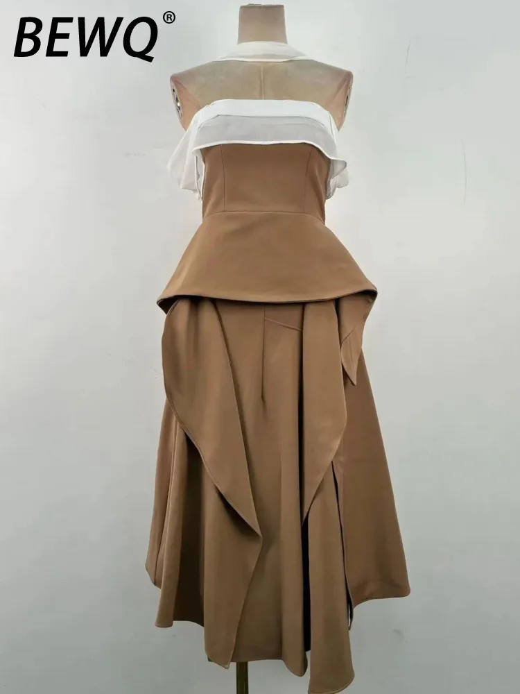 

BEWQ Fashion Women's Sleeveless Elegant Dress Lace Patchwork Boat High Waist Pleated Evening Party Dress 2025 Autumn New