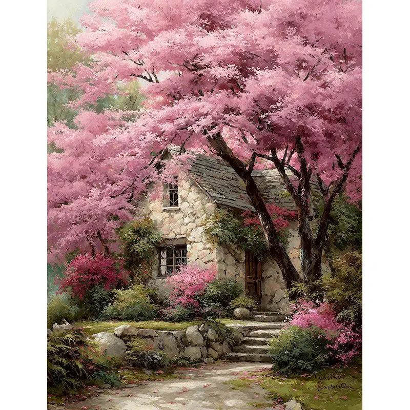 

GATYZTORY DIY Painting By Numbers Pink Tree House Landscape Picture Coloring Gift Adults Crafts Home Decors Handmade Easy To Beg