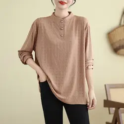 Vintage Fashion Elegant Autumn Women Solid Stand Collar Button Patchwork Temperament Casual Loose Long Sleeve Loog Shirts Tops