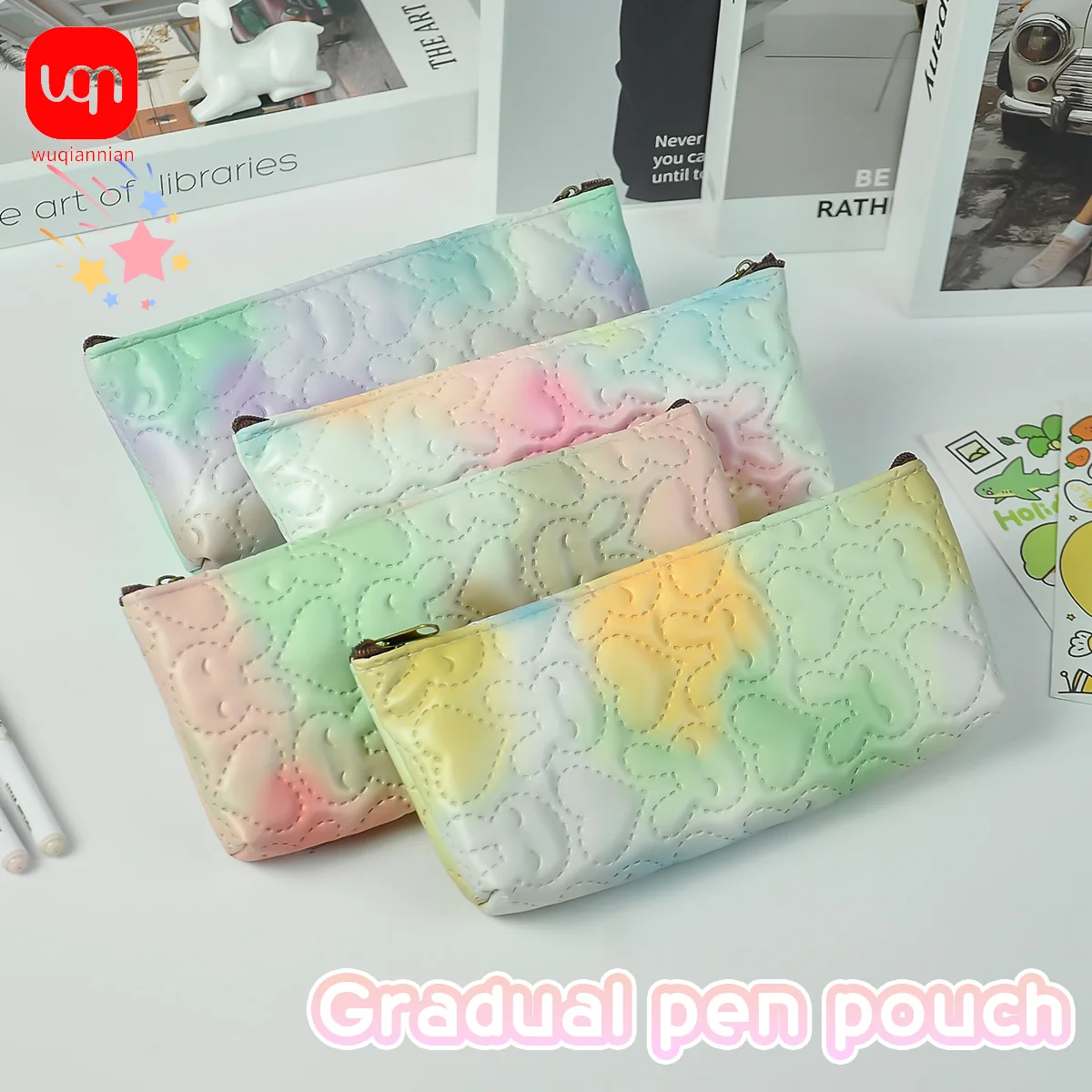 Gradient Pastel Heart Patchwork Pencil Case, Portable and Lightweight Zipper Stationery Bag, Multifunctional Student Supplies