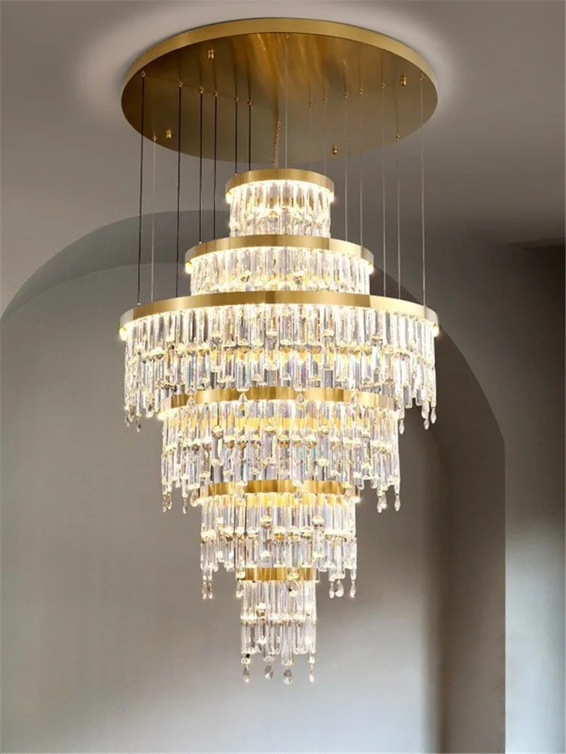 

Modern Gold LED Crystal Chandelier round Creative Design Light for Staircase Living Room Luxury Home Decor
